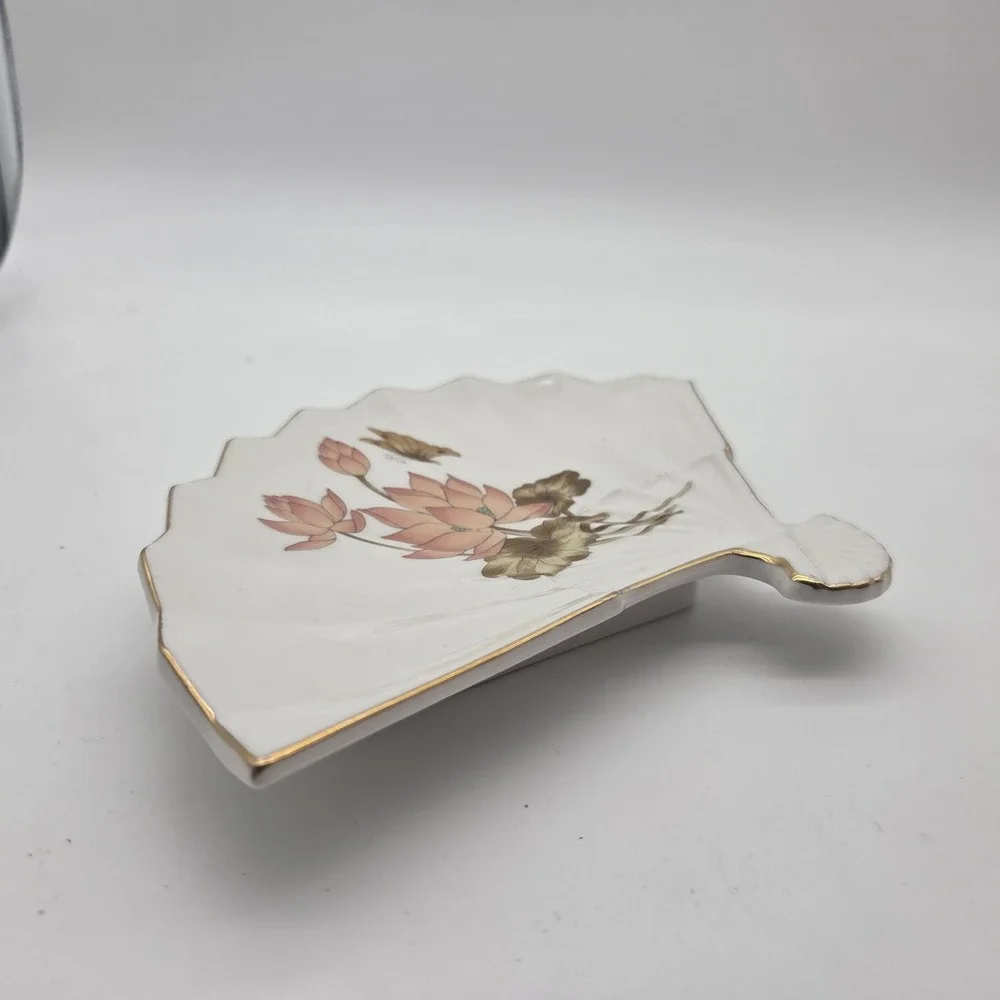 Vintage Fan Shaped Porcelain Dish Tray Pink Floral Lotus Butterfly Made in Japan